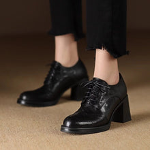 Load image into Gallery viewer, Women's British-Style Round-Toe Chunky Heel Pumps | Cross-Tie Strap Dress Shoes