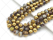 Load image into Gallery viewer, Half Gold Plated Brown Agate Beads, 8mm/10mm/12mm Round Faceted Gold Brown Banded Agate Beads, 15.5 Full Strand, sku# UA138