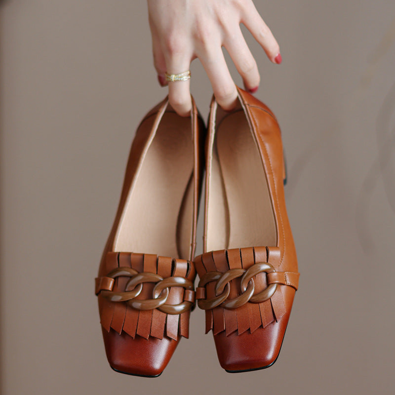 Fringed Chunky Heel Peep-Toe Leather Shoes with Chain Detail - Women's Mid Heel Slip-On Dress Shoes