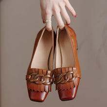 Load image into Gallery viewer, Fringed Chunky Heel Peep-Toe Leather Shoes with Chain Detail - Women's Mid Heel Slip-On Dress Shoes