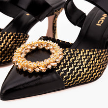 Load image into Gallery viewer, The Valencia Black &amp; Gold Jewel Heel Women Mule Sandal