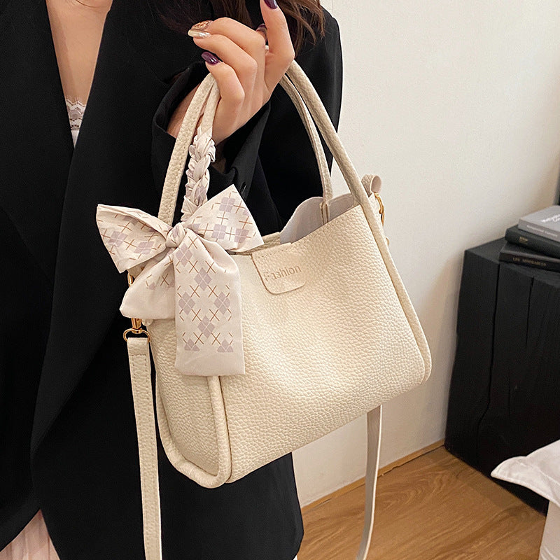 Women's Quilted Bucket Bag with Silk Scarf - PU Leather Crossbody Handbag