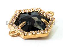 Load image into Gallery viewer, Hexagon Bezel Connector with Faceted Glass, Gold Plated CZ Micro Pave Frame Connector, Black/Green/Purple/Smoke, 14x18mm, sku#A78