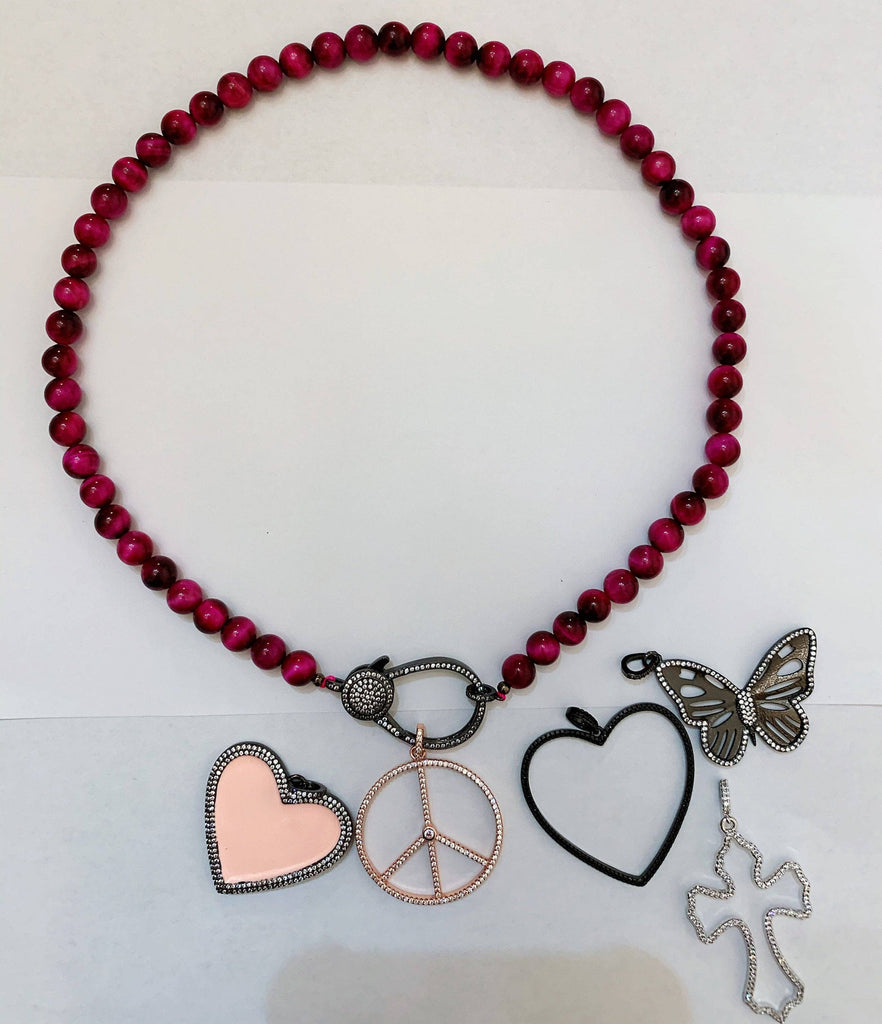 PINK Tiger eye Attachment Necklace with Large CZ Pave Gunmetal clasp, 16/18 long, sku#D40
