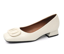 Load image into Gallery viewer, Womens Retro Square-Toe Sheepskin Leather Chunky Heel Pumps | Low Heel Slip-On Dress Shoes