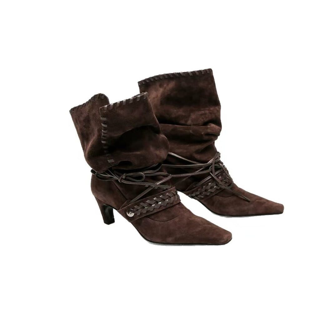 Women's Square Toe Western Boots | Chunky Heel Cross-Tie Tassel Mid-Calf Boots