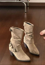 Load image into Gallery viewer, Women's Chunky Heel Pleated Suede Booties | Buckle Strap High Shaft Boots
