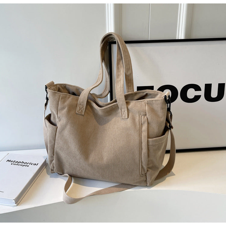 Large Capacity Corduroy Crossbody Bag – Casual Commuter Bucket Bag for Women