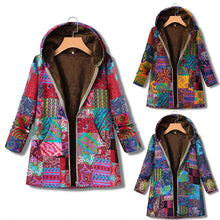 Load image into Gallery viewer, Retro Warm Printed Pocket Thick Zippered Hooded Coat