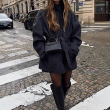 Load image into Gallery viewer, Womens Wool Coat With Belt Mock Neck And Solid Color