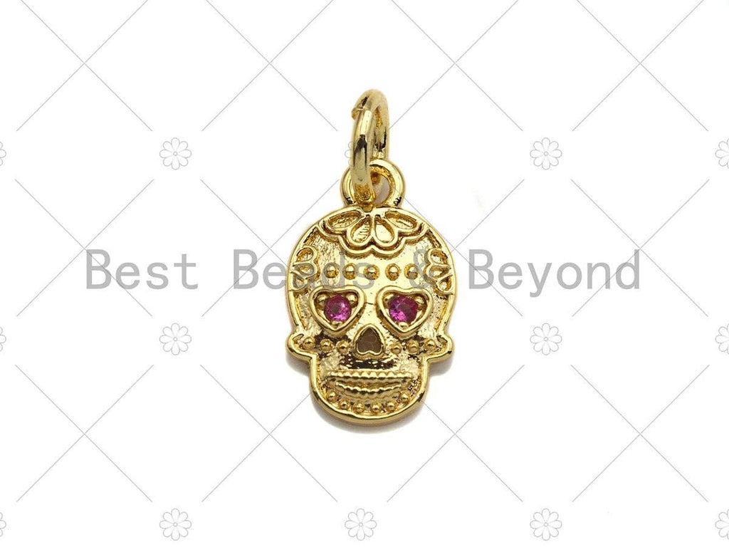 18K Gold Colorful Micro Pave Skull Pendant, Dainty Gold Skul