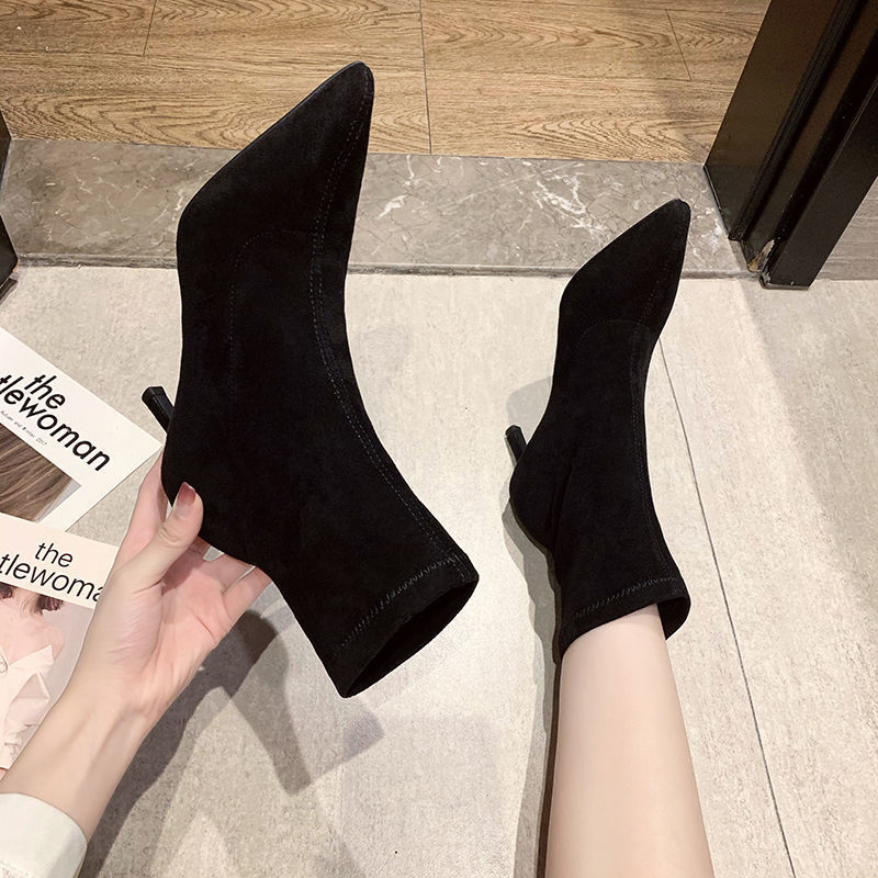 Women's Suede Stiletto Mid-Calf Boots | Slip-On Korean Style | Black | Sarah Express