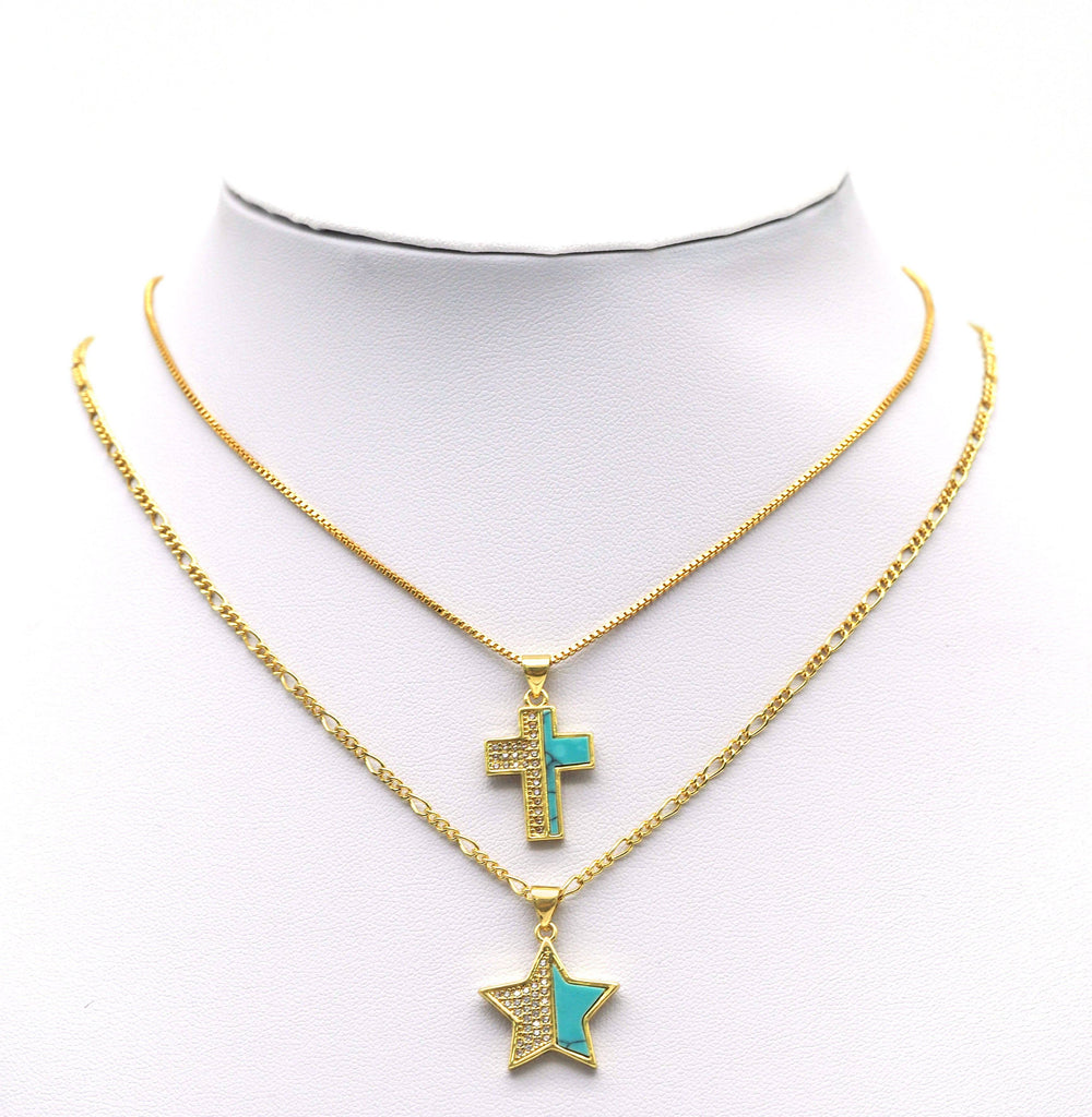 CZ Turquoise Star Moon Heart Cross Charm, Sku#L666
