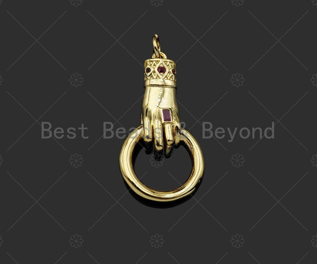Gold Filled Fuchsia CZ Micro Pave Hand Grabing Round Ring Shape Pendant,18K Gold Filled Charm, Necklace Bracelet Pendant, 28x15mm,Sku#Z1369