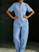 Load image into Gallery viewer, Three-Quarter Sleeve Shirt &amp; Wide-Leg Pants Two-Piece Set – Solid Color Casual