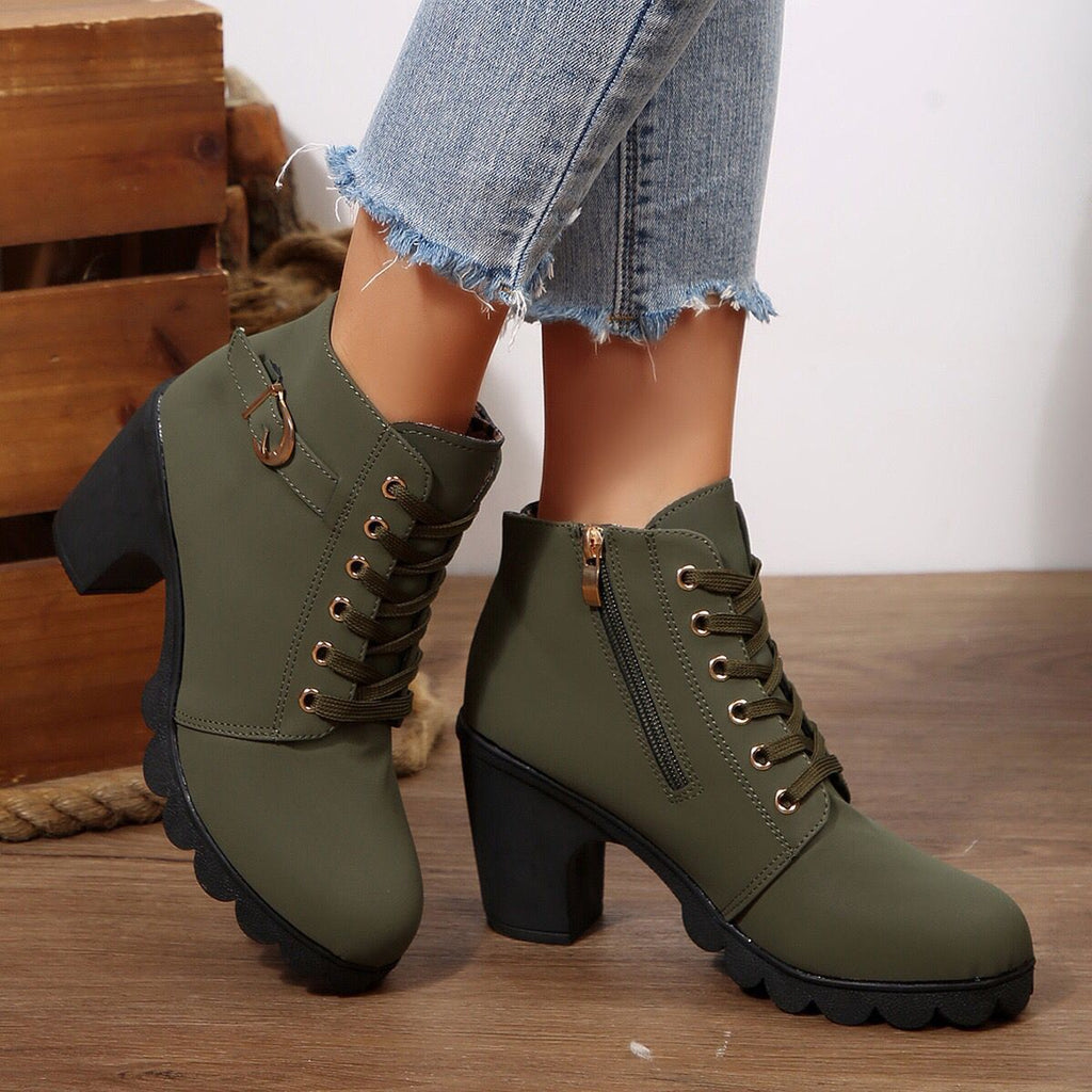Women's Cross-Tie Chunky-Heel Ankle Boots | Block Heel Lace-Up Booties