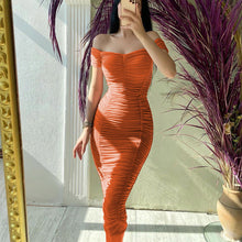 Load image into Gallery viewer, Solid Color Dress Elegant Summer Women Clothing off-Shoulder Pleated Dress