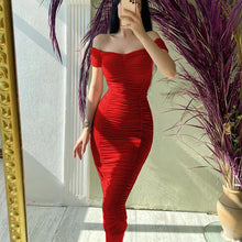 Load image into Gallery viewer, Solid Color Dress Elegant Summer Women Clothing off-Shoulder Pleated Dress