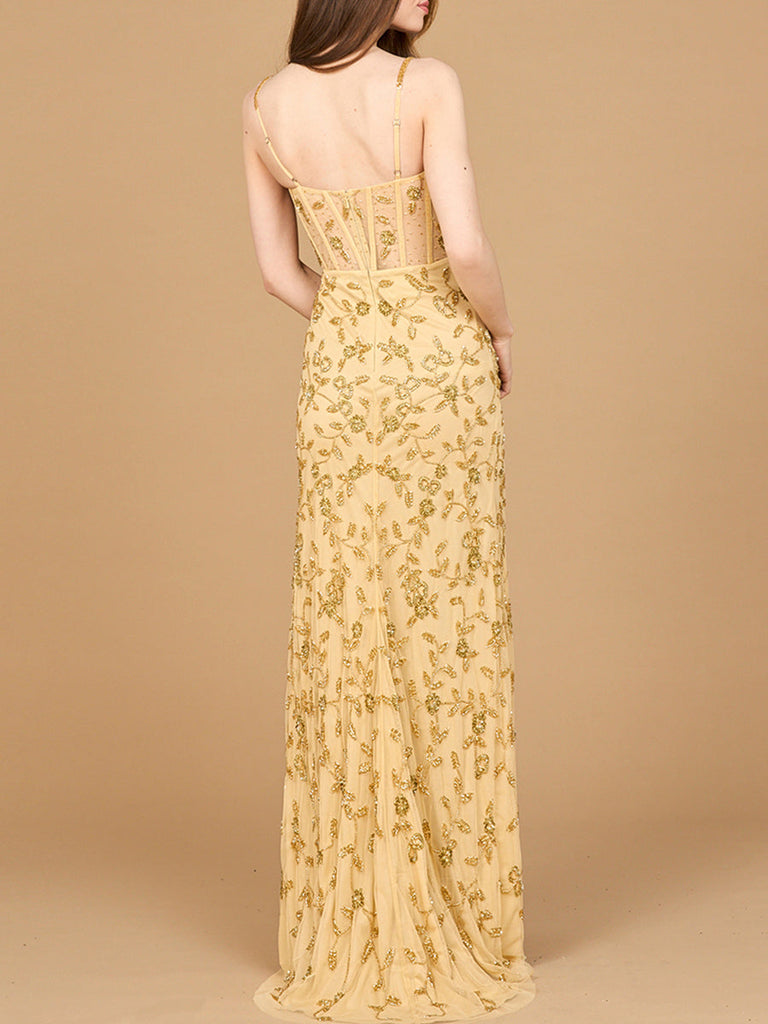 Beaded Corset Gown with Slit