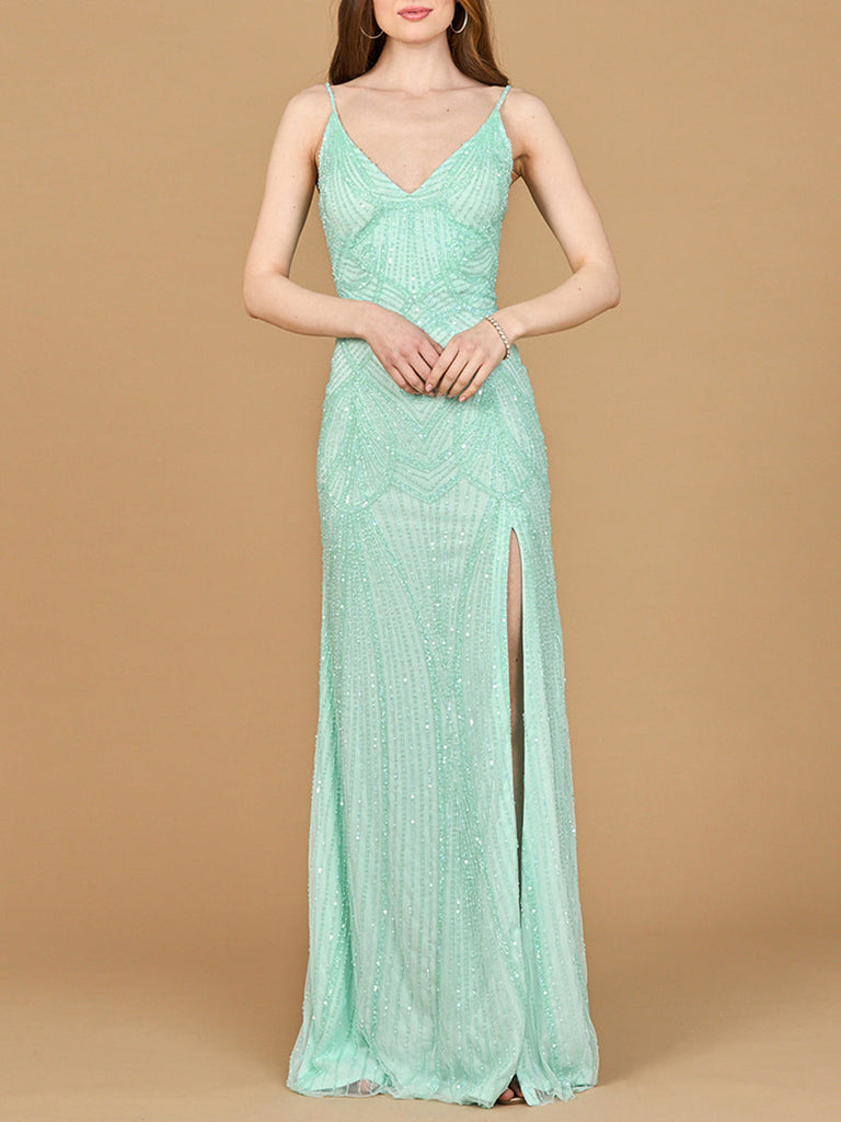 Beaded Lace-up Dress with Slit