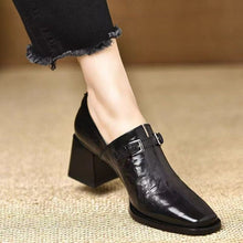 Load image into Gallery viewer, Women's Square Toe Wedge Buckle Boots – Leather High-Top Dress Shoes | Black &amp; Dark Brown