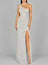 Load image into Gallery viewer, One-Shoulder Beaded Gown with Slit