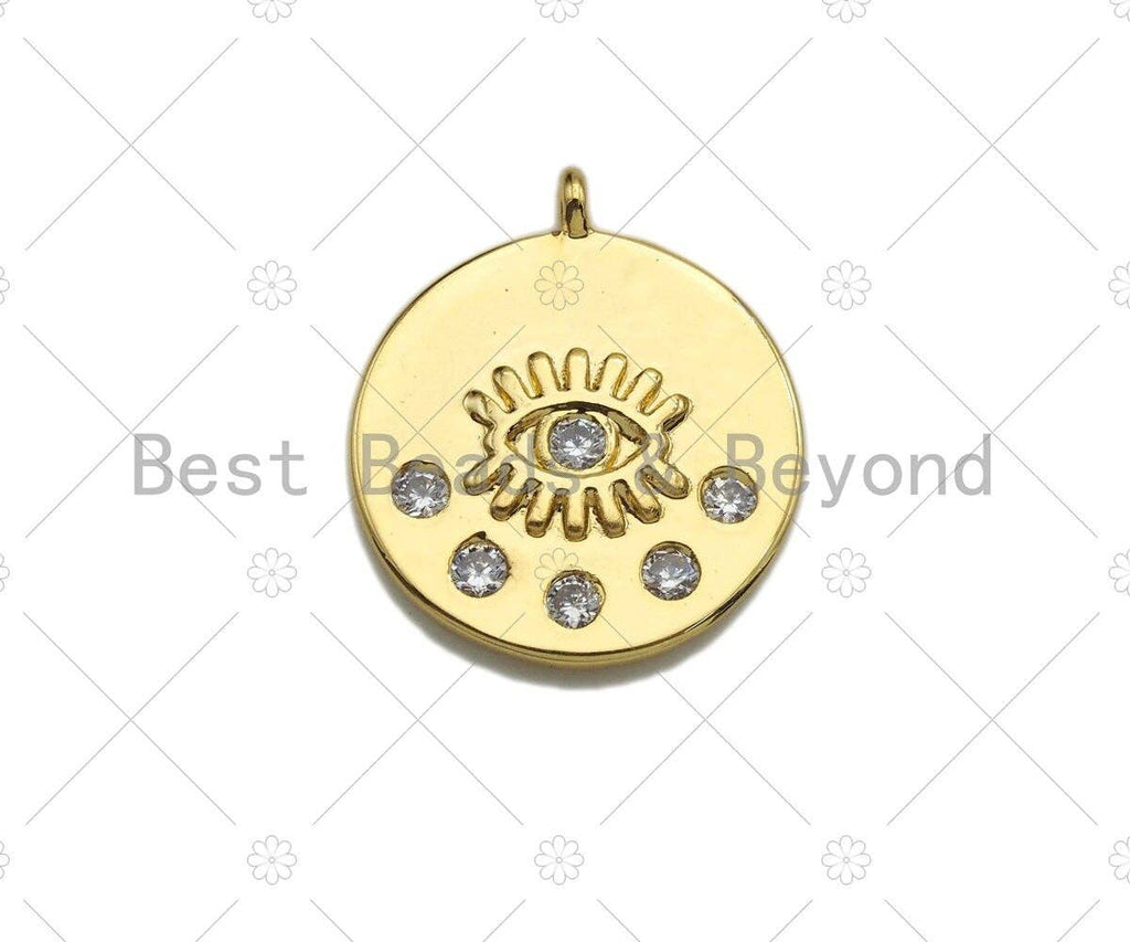 Clear CZ Micro Pave Evil Eye on Disc Pendant/Charm, Lucky Eye Cubic Zirconia Pendant, Real Gold Plated Charm Pendant,18x21mm,Sku#L303