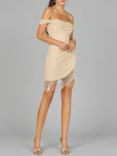 Load image into Gallery viewer, Off Shoulder Fringe Wrap Dress