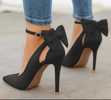 Load image into Gallery viewer, Women's Bow Pointed-Toe High Heels | Faux Leather Stiletto Sandals