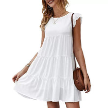 Load image into Gallery viewer, Summer Solid Color round Neck Short Sleeves Dress Casual Tiered Dress Pleated Large Swing Dress