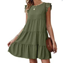 Load image into Gallery viewer, Summer Solid Color round Neck Short Sleeves Dress Casual Tiered Dress Pleated Large Swing Dress