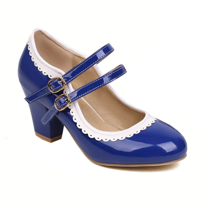 Women's Patent Leather Chunky Heel Mules – Candy Color Round Toe Buckle High Heels