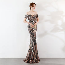 Load image into Gallery viewer, Off the Shoulder Gown Long Fish Tail Sequined Evening Dress Slim Fit Slimming Dress