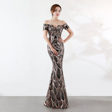 Load image into Gallery viewer, Off the Shoulder Gown Long Fish Tail Sequined Evening Dress Slim Fit Slimming Dress