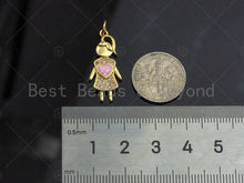 Load image into Gallery viewer, Girl With Pink Heart Pendant/Charm, Mother-of-pearl Inlay Heart Pendant, Cubic Zirconia Pendant, 11x26mm, Sku#LK74