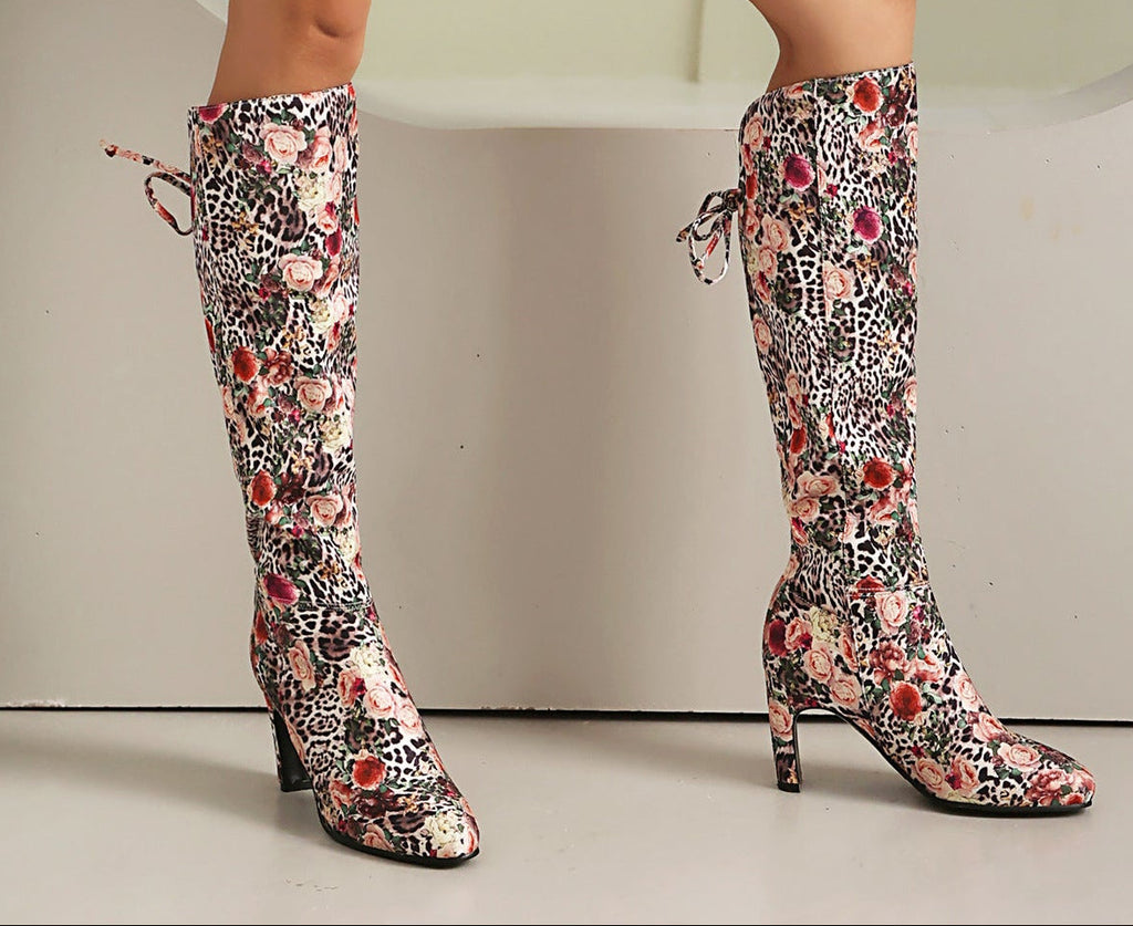Floral Patchwork Bowknot Over-the-Knee Boots