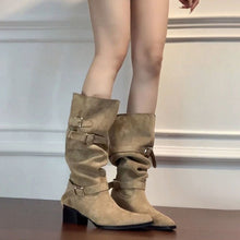 Load image into Gallery viewer, Women's Khaki Suede Pointed-Toe Chunky Heel Boots - Side Zipper High-Top Ankle Boots