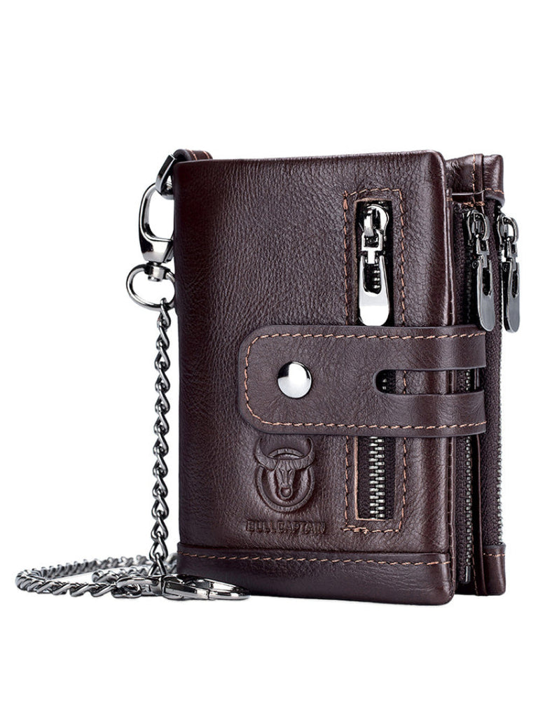 Retro Genuine Leather Bifold Wallet with Dual Zippers | Coin & Card Organizer
