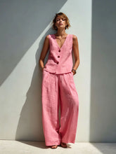Load image into Gallery viewer, Linen Blend V-Neck Buttoned Vest &amp; High-Waist Wide-Leg Pants Set – 5 Colors S–3XL