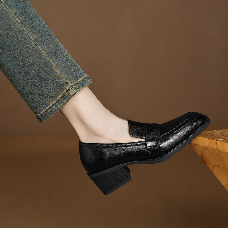 Women's Retro Square-Toe Chunky-Heel Slip-On Loafers – Sheepskin Leather