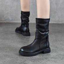 Load image into Gallery viewer, Women's Round Toe Genuine Leather Mid-Calf Boots | Chunky Heel Side Zipper
