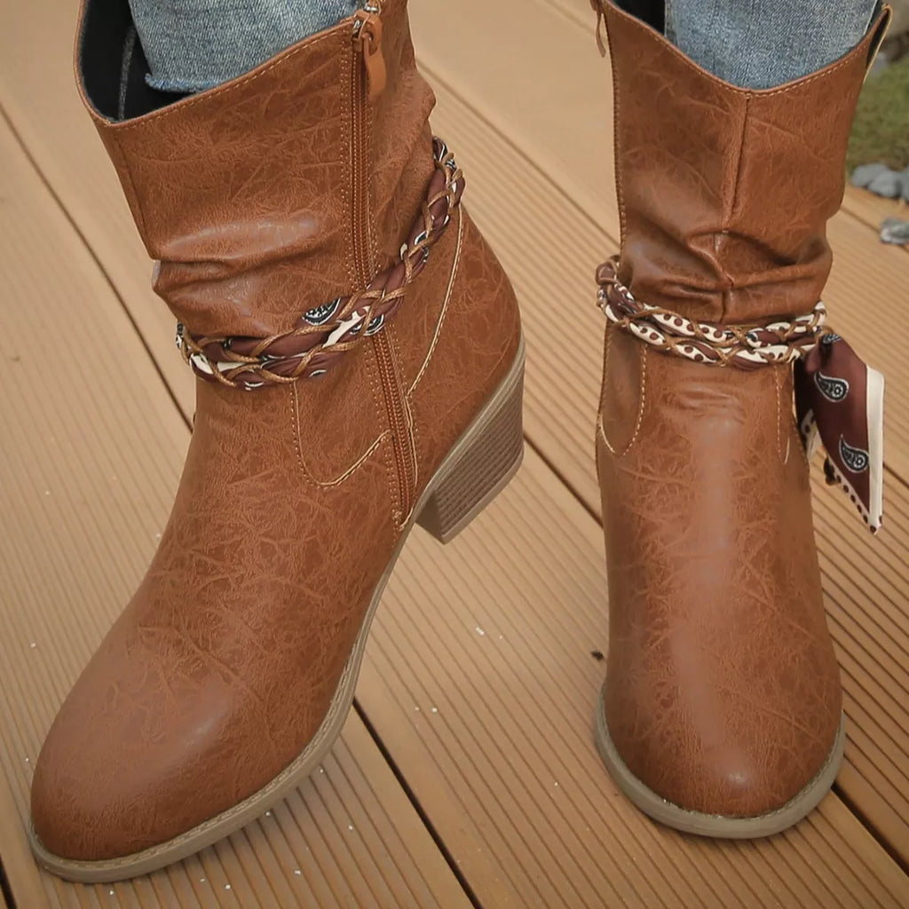 Women's Braided Detail Western Cowgirl Boots | Block Heel Ankle Boots | PU Leather