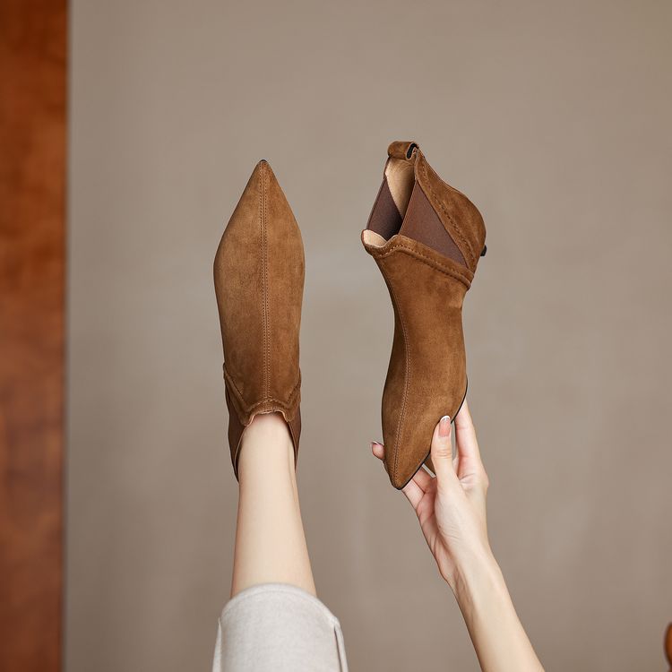 Women's Stiletto Suede Ankle Boots | French-Cut Mid-Calf Heeled Boots