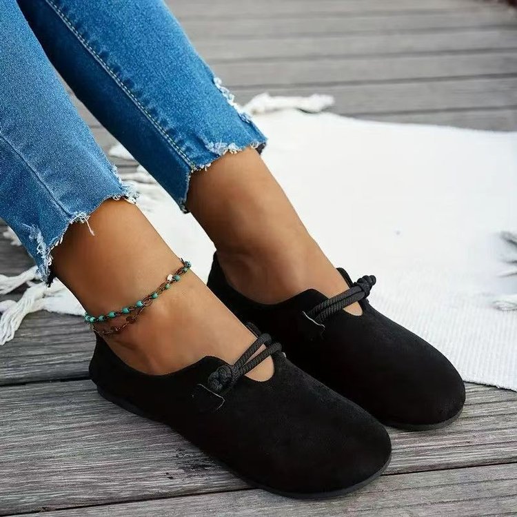 Women's Round Toe Flats - Sweet Suede Slip-On Dress Shoes with Floral Detail