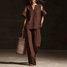 Load image into Gallery viewer, V-Neck Short Sleeve Top &amp; Straight-Leg Pants Set – Ripped Detail, Pockets, Solid Color
