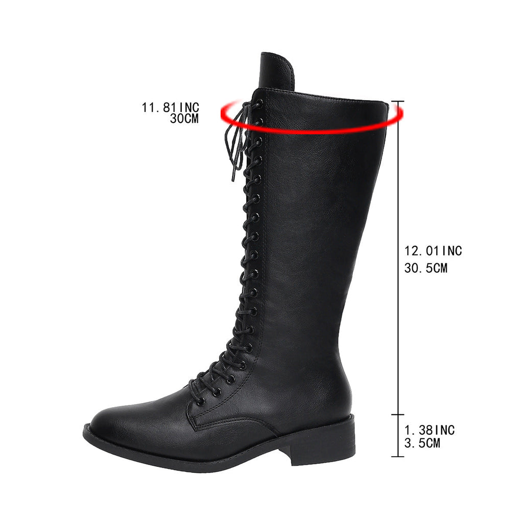 Women's Knee-High Lace-Up Boots | Round Toe Mid Heel PU Leather Boots in Black & Brown