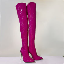 Load image into Gallery viewer, Women's Over-the-Knee Chunky Metal Heel Boots – Plus Size, Pointed Toe, Side Zipper, PU Leather