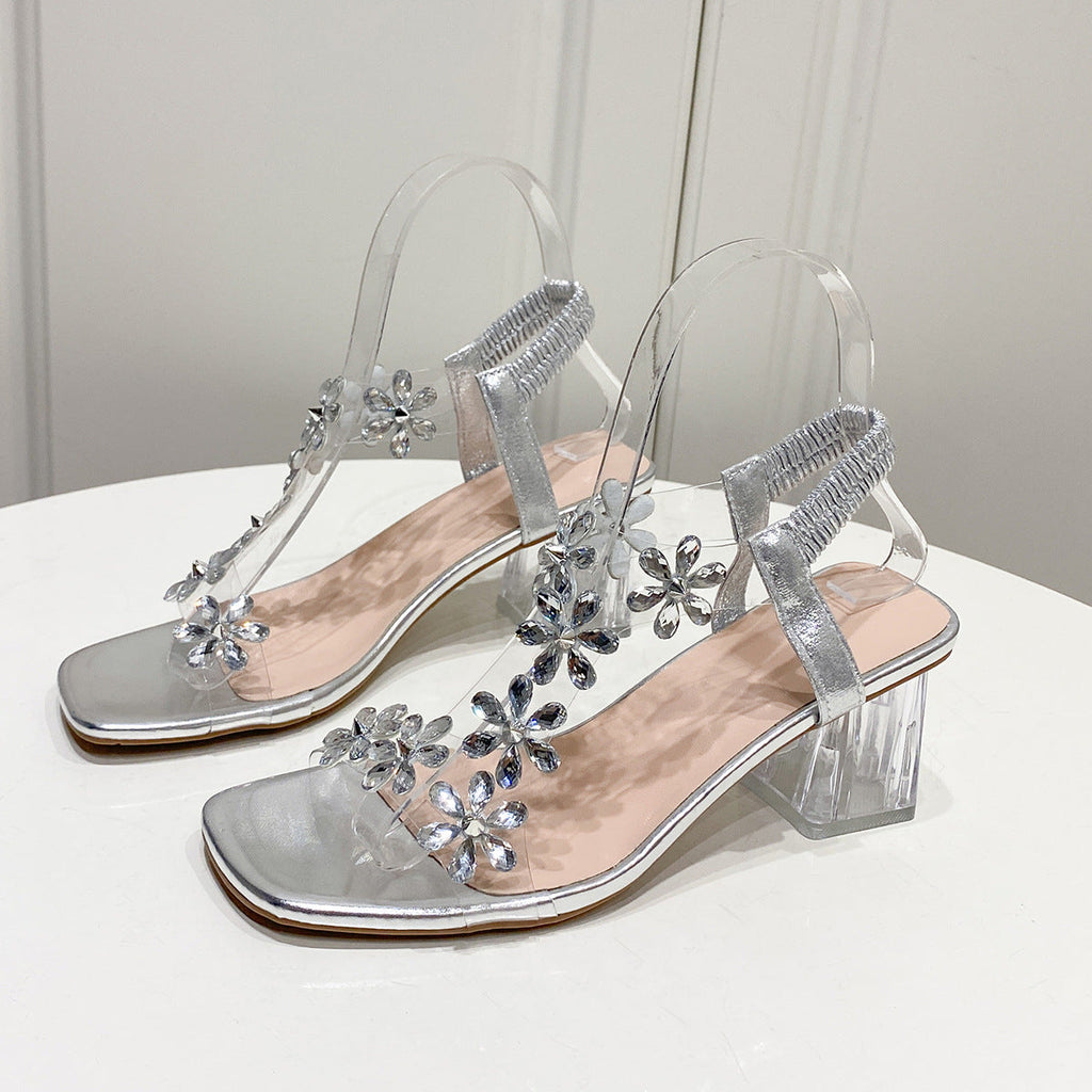 Women's Flower Transparent Square Heel Sandals | Summer Square Toe High Heels | Off-White Silver Gold Black | Sizes 35-42