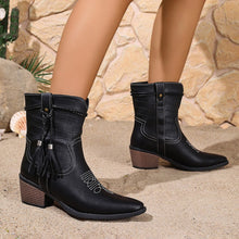 Load image into Gallery viewer, Women's Pointed-Toe Square-Heel Mid-Calf Denim Boots - Vintage Slip-On Boots