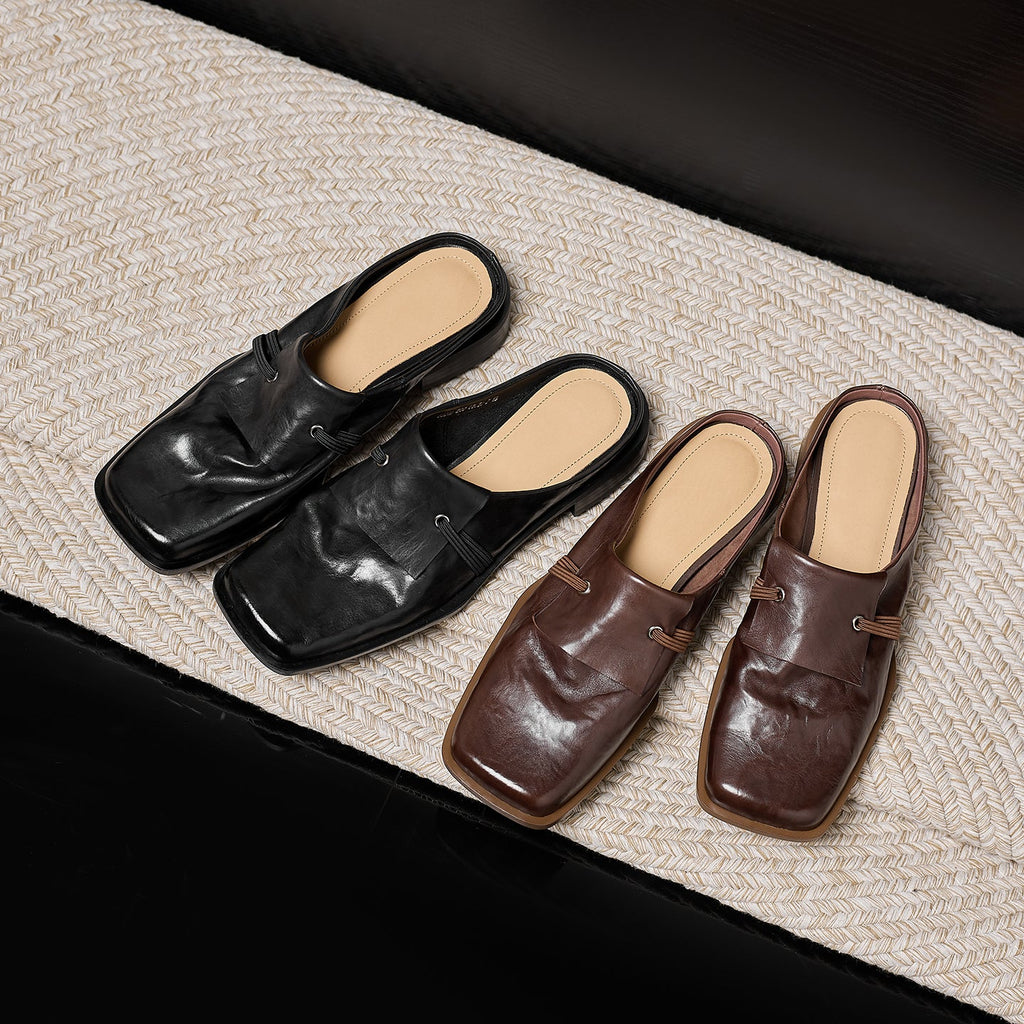 Women's Square Toe Leather Mule Slides | Full-Grain Calfskin Slip-On Low Heel